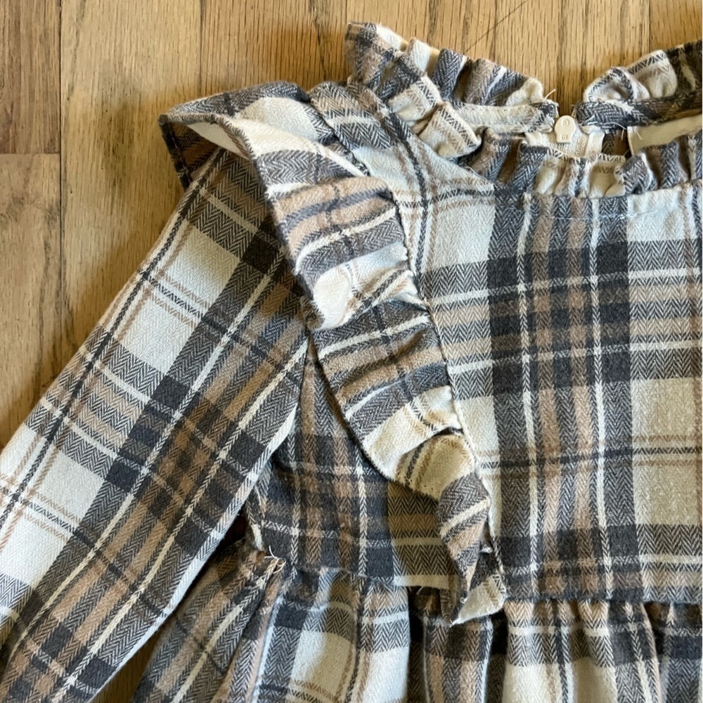 Rare edition girls 2T long sleeve plaid dress with ruffles cream gray brown - Picture 8 of 8